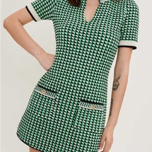 Maje Green and White Houndstooth Mini Dress